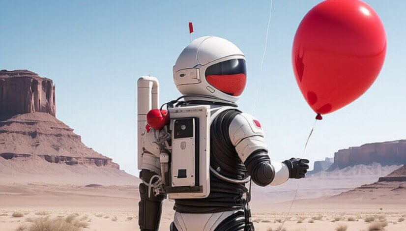 Astronaut with a red balloon in his hand generative ai