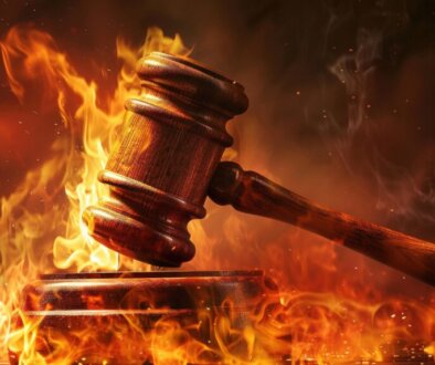 A conceptual image of a wooden gavel in flames