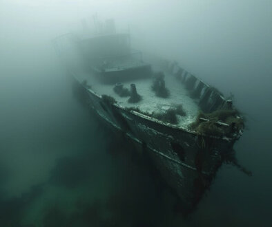 Misty Mirage: Sunken Ship Fading Away into Hazy Waters, Infused with a Dimly Lit and Mysterious Aura