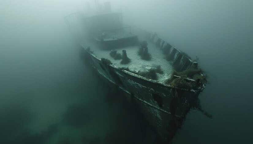 Misty Mirage: Sunken Ship Fading Away into Hazy Waters, Infused with a Dimly Lit and Mysterious Aura