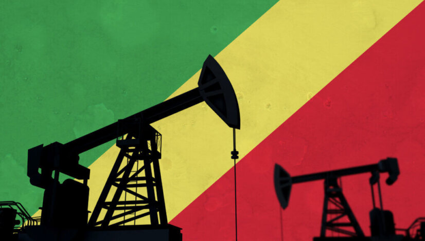Oil and gas industry background. Oil pump silhouette against republic of congo flag. 3D Rendering