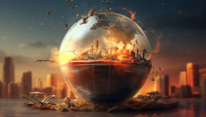 there is a picture of a globe with a city in the background. gen