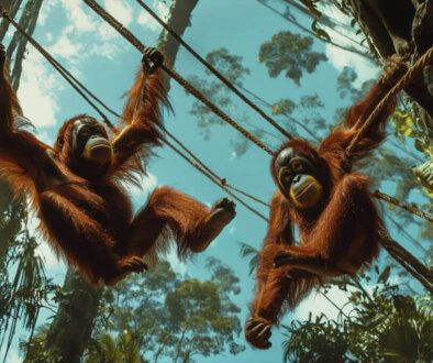 two-playful-orangutans-swinging-joyfully-ropes-amidst-lush-tropical-foliage-bright-blue-sky-sight-behold