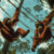 two-playful-orangutans-swinging-joyfully-ropes-amidst-lush-tropical-foliage-bright-blue-sky-sight-behold