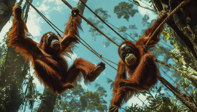 two-playful-orangutans-swinging-joyfully-ropes-amidst-lush-tropical-foliage-bright-blue-sky-sight-behold